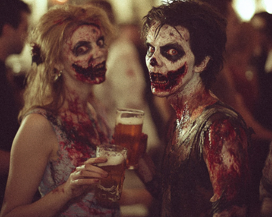 Woman and man wearing zombie costumes, drinking beer.